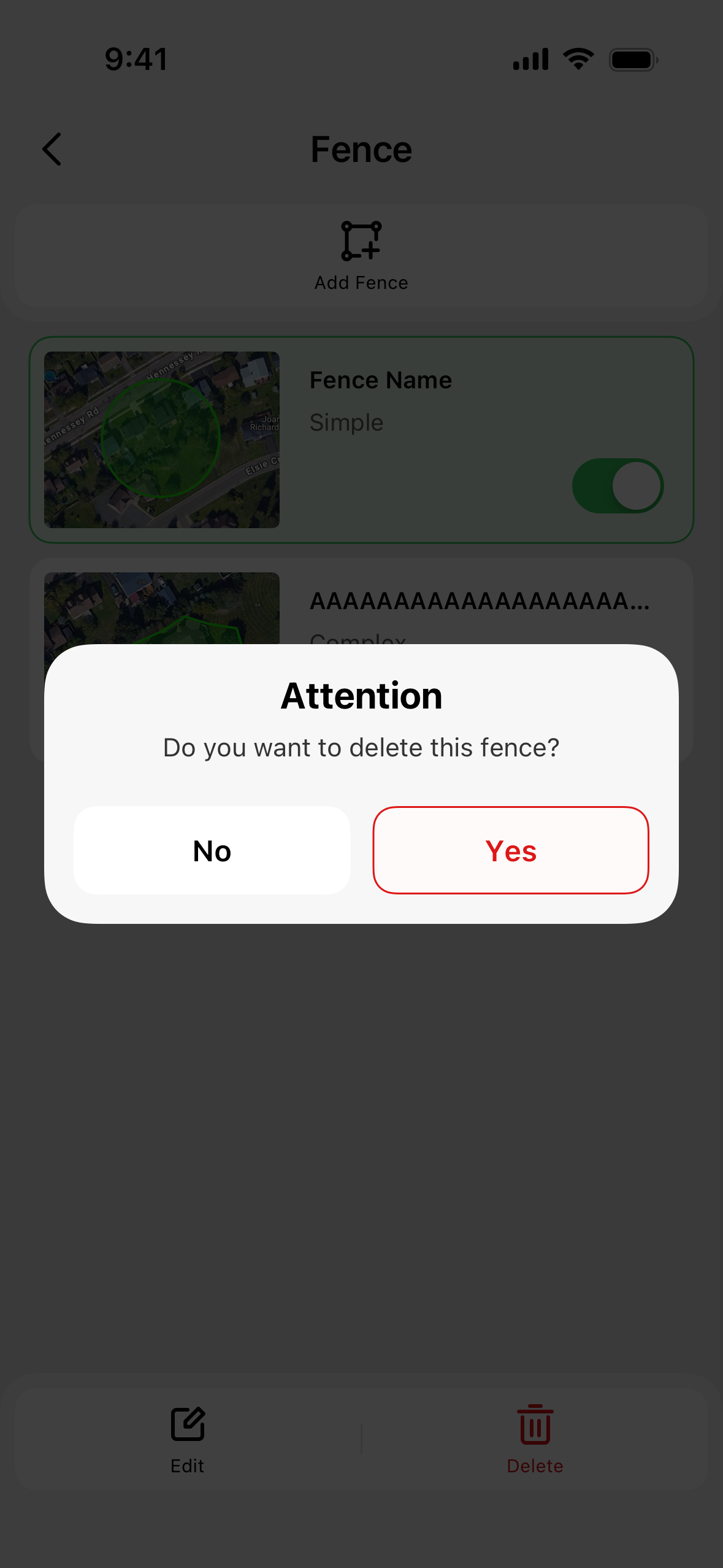add and delete fence confirmation